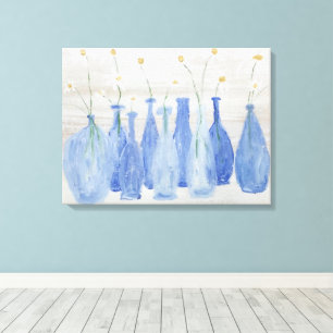 Lienzo Frascos de Botellas Azul Cobalto con Margaritas