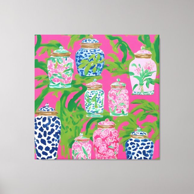 Lienzo Frascos de Chinoiserie y hojas de palma en rosa ca (Anverso)