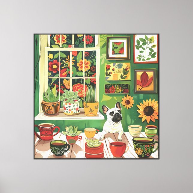 Lienzo Frenchie en Boho Garden Tea Room (Anverso)