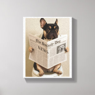 Lienzo Frenchie en el baño, leyendo el periódico