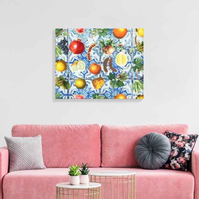 Lienzo Fruta mediterránea de verano y mosaico blanco azul (Insitu (Sala de estar))