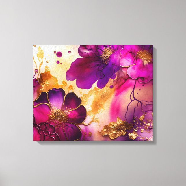 Lienzo Fuchsia, Purple y Gold Floral Art (Anverso)