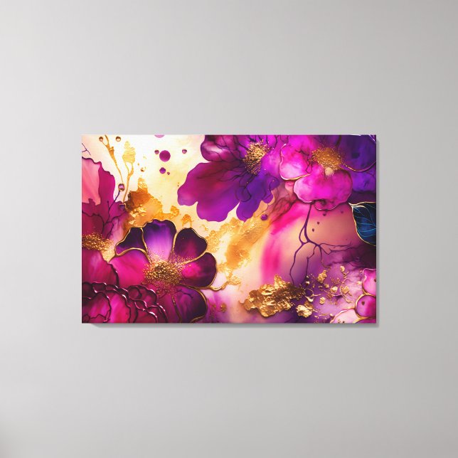 Lienzo Fuchsia, Purple y Gold Floral Art (Anverso)
