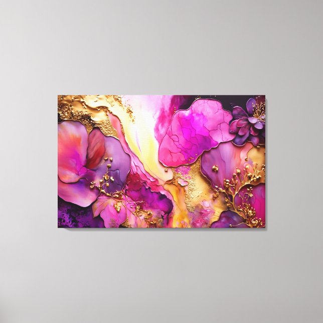 Lienzo Fuchsia, Purple y Gold Floral Art (Anverso)