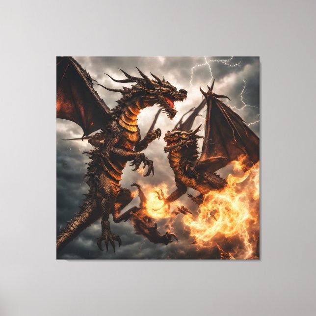 Lienzo Fuego y relámpago de doble dragón medieval (Anverso)