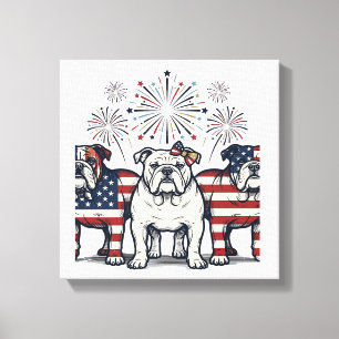 Lienzo Fuegos Artificiales de Bulldog Patriótico Grabado