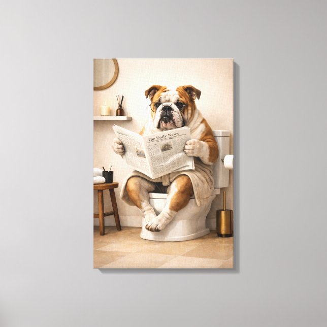 Lienzo Funny Bulldog Reading Newspaper Bathroom Humor (Anverso)