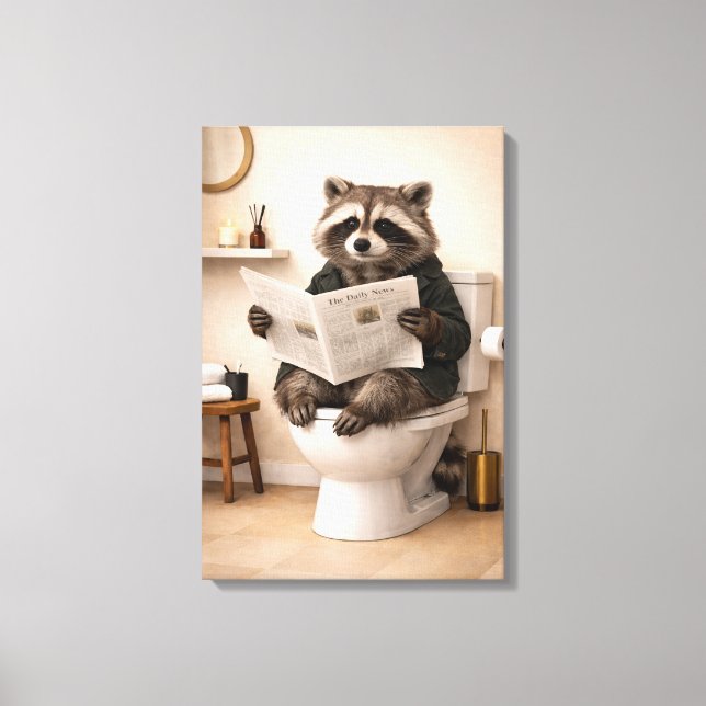 Lienzo Funny Raccoon Reading Newspaper Bathroom Humor (Anverso)