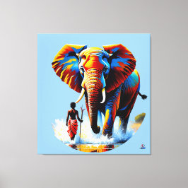 Lienzo Furchtloser Junge trifft Elefantenbullen