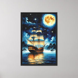 Lienzo Galleon iluminado por la luna bajo cielo estrellad