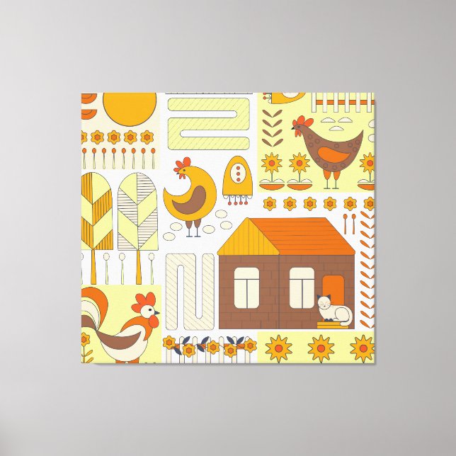 Lienzo Gallo, gallinas, dibujo floral geométrico. (Anverso)