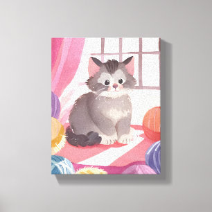 Lienzo Gatito de ovillo de lana Pintura en acuarela de