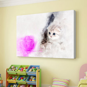 Lienzo Gatito jugando con una bola de hilo rosa acuarela