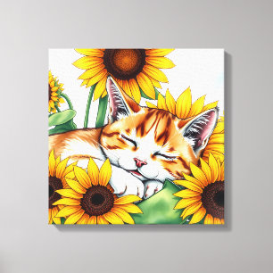 Lienzo Gatito Lindo Durmiendo y Girasoles