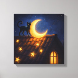 Lienzo Gato a la luz de la luna en tejado estrellado