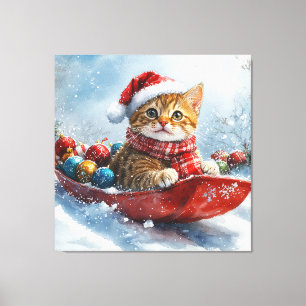 Lienzo Gato abisinio en trineo Deja que nieve Navidad