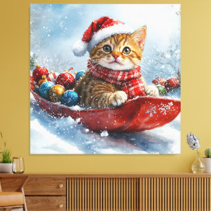 Lienzo Gato abisinio en trineo Deja que nieve Navidad