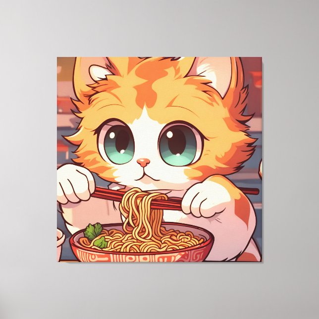 Lienzo Gato Adorable comiendo Ramen (Anverso)