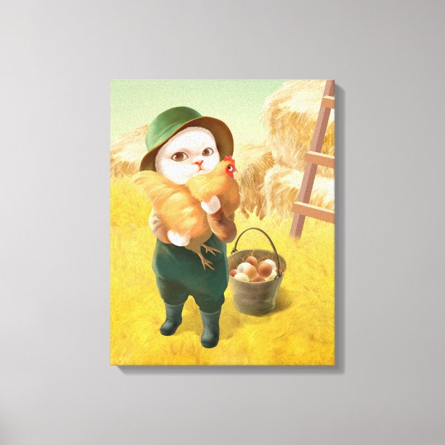 Lienzo Gato Adorable con Hen en la Granja (Anverso)