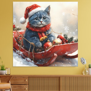 Lienzo Gato Azul Oriental en Trineo Deja que Nieve Navida