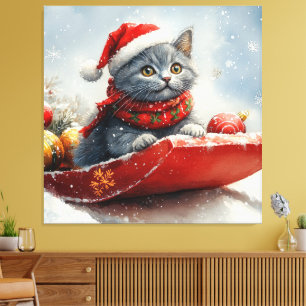 Lienzo Gato Azul Ruso en Trineo Deja que Nieve Navidad