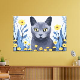 Lienzo Gato Azul Ruso Flores Amarillas
