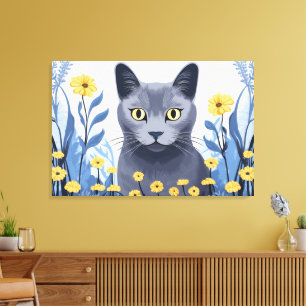 Lienzo Gato Azul Ruso Flores Amarillas