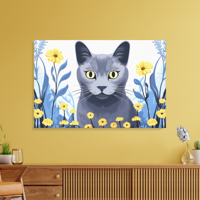 Lienzo Gato Azul Ruso Flores Amarillas (Insitu (Sala de estar))