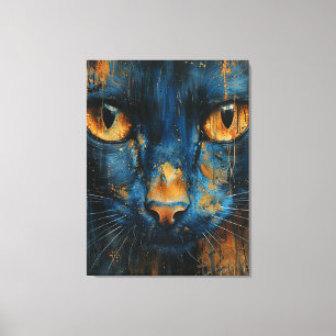 Lienzo Gato Azul y Dorado Retrato Felino Abstracto Modern