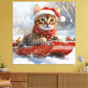 Lienzo Gato Bengal en Trineo Deja que Nieve Navidad