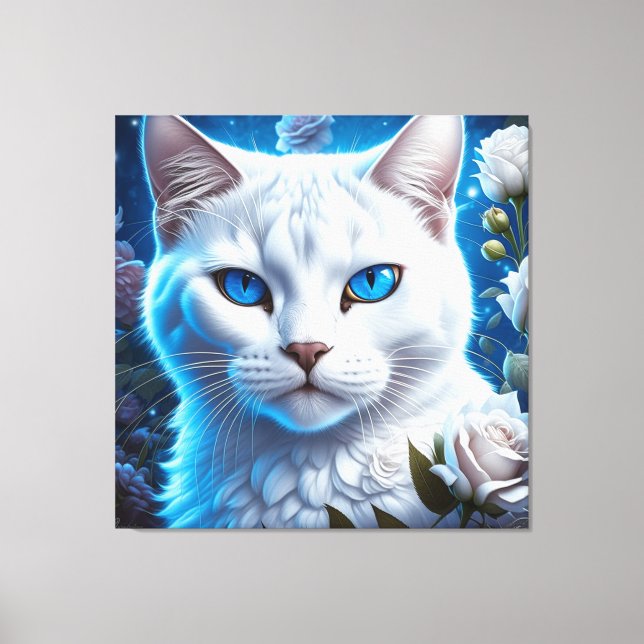 Lienzo Gato blanco con ojos azules brillantes florales (Anverso)