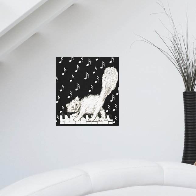 Lienzo Gato Blanco Guiñando en Teclas de Piano Notas Musi (Winking white cat walking on piano keys music notes on black white canvas art print.)
