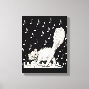 Lienzo Gato Blanco Guiñando en Teclas de Piano Notas Musi