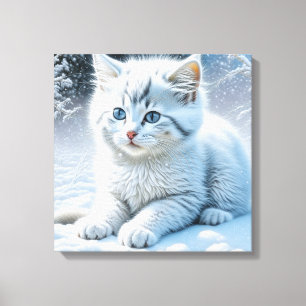 Lienzo Gato blanco lindo jugando en la nieve