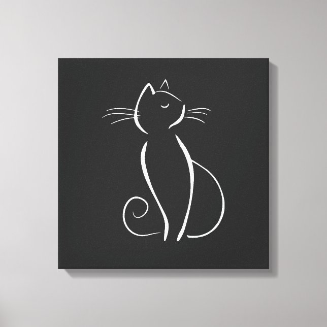 Lienzo Gato blanco minimalista en negro Añadir nombre (Anverso)