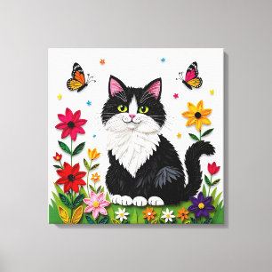 Lienzo Gato blanco y negro lindo, flores y mariposas
