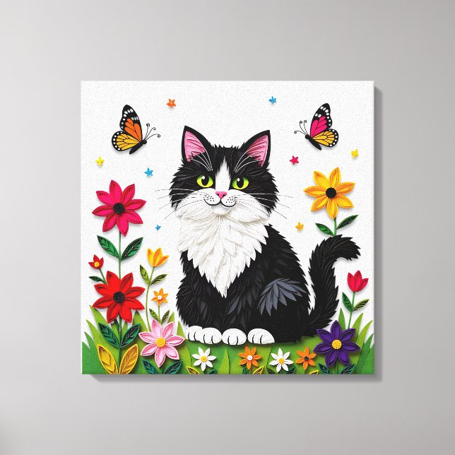 Lienzo Gato blanco y negro lindo, flores y mariposas (Anverso)
