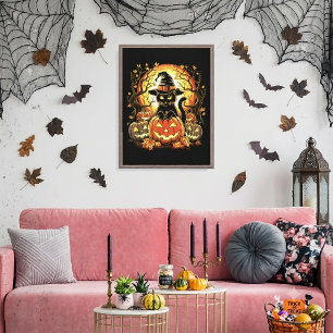 Lienzo Gato brujo calabaza gato negro Halloween espeluzna