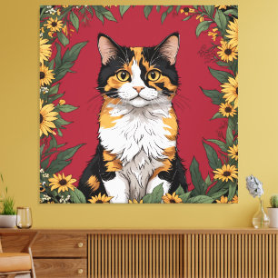 Lienzo Gato Calico de Maryland y Flores de Susana de Ojos