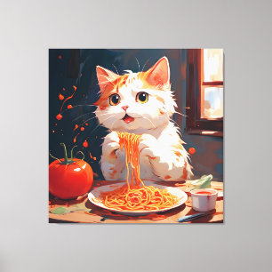 Lienzo Gato comiendo espagueti