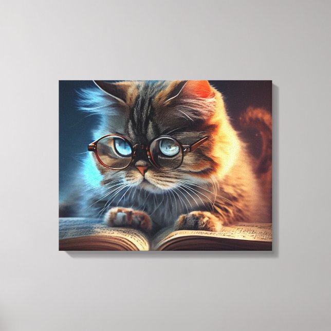 Lienzo Gato con gafas leyendo un libro (Anverso)