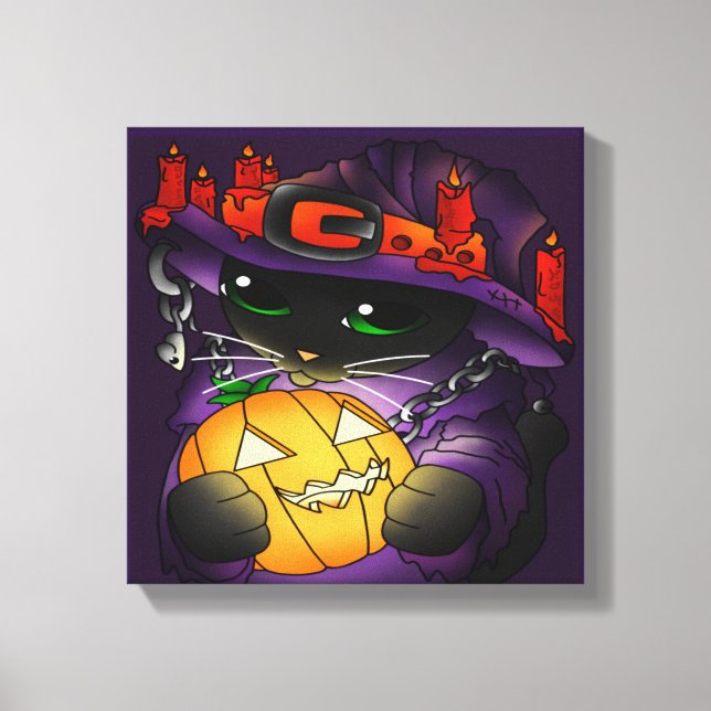 Lienzo Gato de bruja negra de la calabaza de Halloween (Anverso)