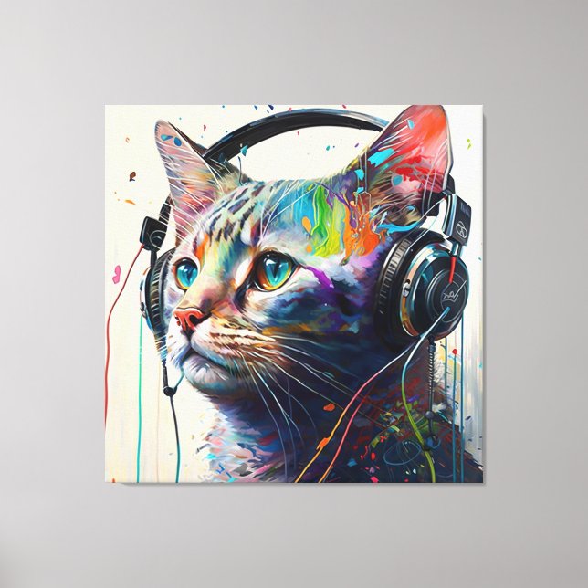 Lienzo Gato de Guay con audífonos - Prin artístico de Lov (Anverso)