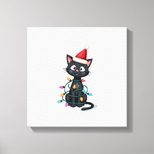 Lienzo Gato de Navidad Esmoquin gato negro luces de navid