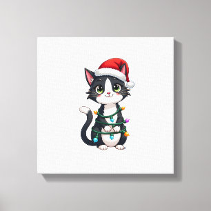 Lienzo Gato de Navidad Esmoquin gato negro luces de Navid
