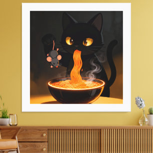 Lienzo Gato de Obsidiana y Ratón Audaz: Festín de Ramen d
