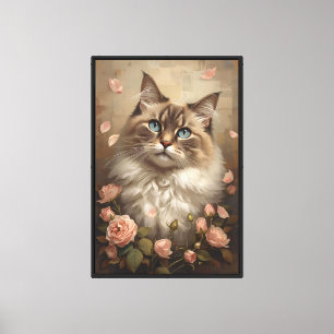 Lienzo Gato de Ojos Azules con Rosas – Floral Elegante