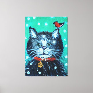 Lienzo Gato de pintura al óleo lindo con saludo de Navida