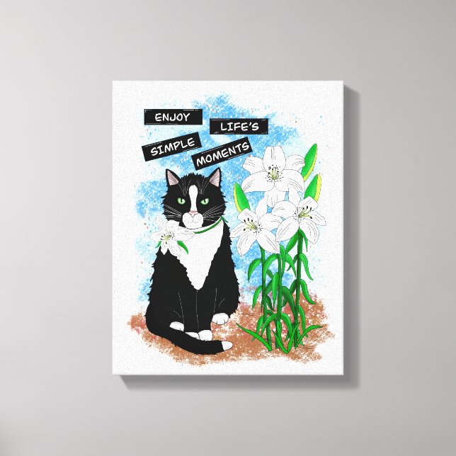 Lienzo Gato de Tuxedo y Lilies | Oferta Inspiradora (Anverso)