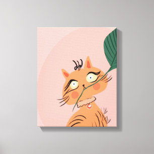 Lienzo Gato Divertido Hoja de Planta Dibujos Animados